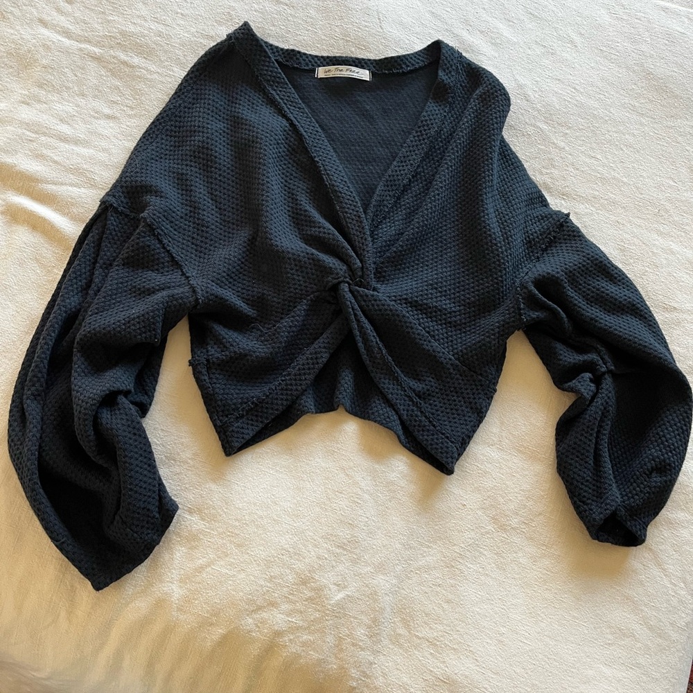 We the Free Black Knotted Long Sleeve Crop Top